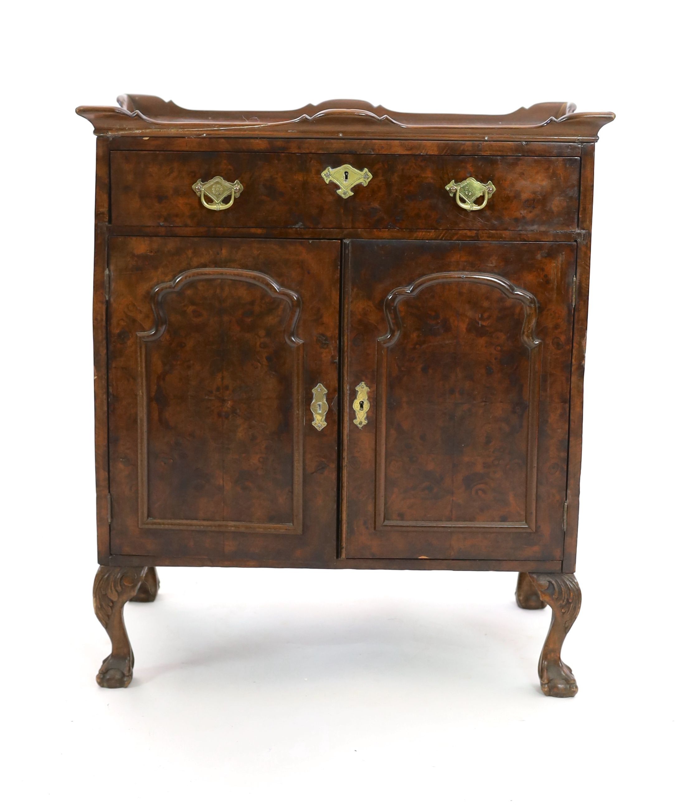 An early 20th century George I style walnut tray topped side cabinet, width 71cm depth 42cm height 82cm